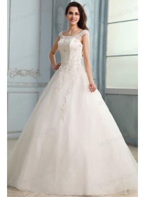 Scoop Ball Gown Champagne Appliques and Beading Floor-length Wedding Dress