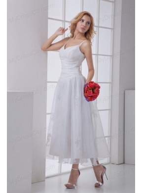 Simple Spaghetti Straps Ankle-length A-line Wedding Dress with Ruches