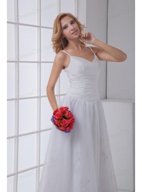 Simple Spaghetti Straps Ankle-length A-line Wedding Dress with Ruches