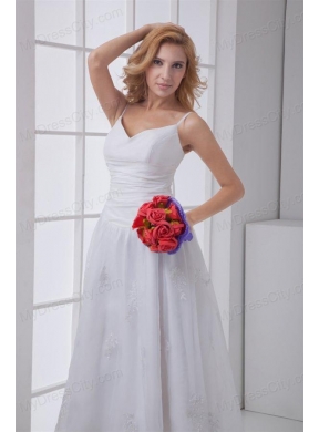 Simple Spaghetti Straps Ankle-length A-line Wedding Dress with Ruches