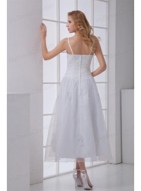 Simple Spaghetti Straps Ankle-length A-line Wedding Dress with Ruches