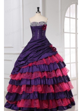 Sweetheart Beading and Flowers Quinceanera Dress in Red and Purple