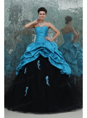 Teal and Black Sweetheart Appliques Full Length Quinceanera Dress