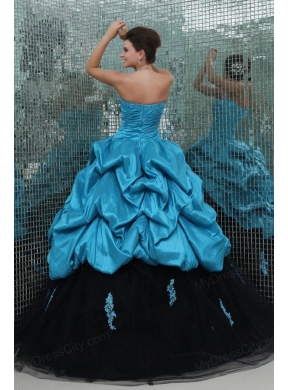 Teal and Black Sweetheart Appliques Full Length Quinceanera Dress