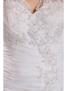 V-neck Column Appliques Long Wedding Dress with Half Sleeves