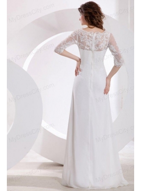 V-neck Column Appliques Long Wedding Dress with Half Sleeves