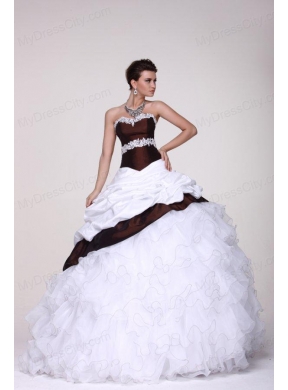 White and Brown Sweetheart Appliques and Ruffles Quinceanera Dress