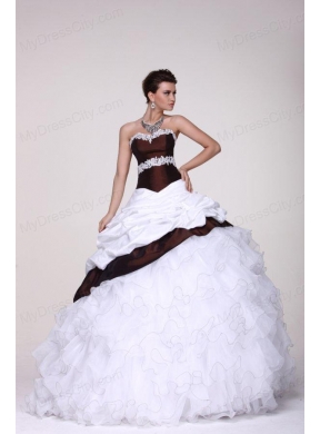 White and Brown Sweetheart Appliques and Ruffles Quinceanera Dress