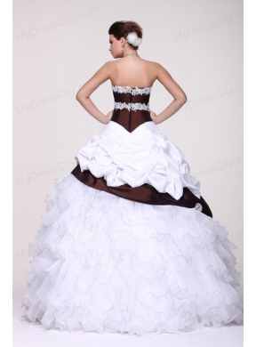 White and Brown Sweetheart Appliques and Ruffles Quinceanera Dress