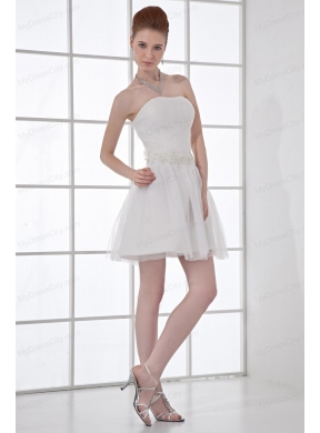 2014 Cheap A-line Strapless Tulle Appliques Wedding Dress with Mini-length