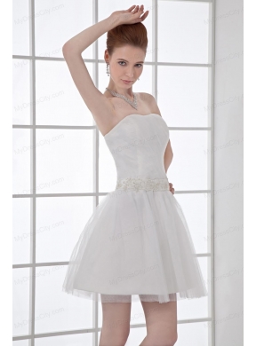 2014 Cheap A-line Strapless Tulle Appliques Wedding Dress with Mini-length