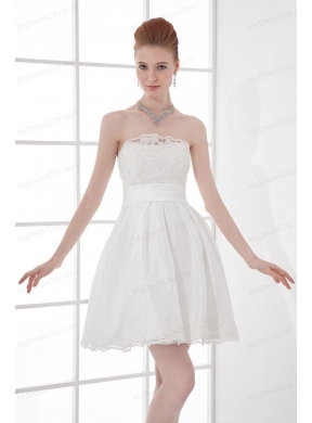 2014 Elegant A-line Strapless Knee-length Lace Belt White Wedding Dress