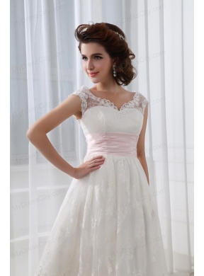 2014 Short A-line Straps Knee-length Wedding Dress with Lace Belt