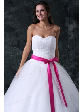 A-Line Beading and Sash Zipper Up Tulle Wedding Dress with Strapless