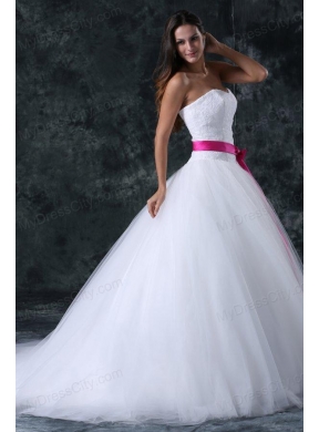 A-Line Beading and Sash Zipper Up Tulle Wedding Dress with Strapless