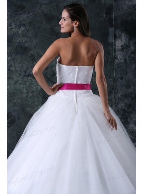 A-Line Beading and Sash Zipper Up Tulle Wedding Dress with Strapless