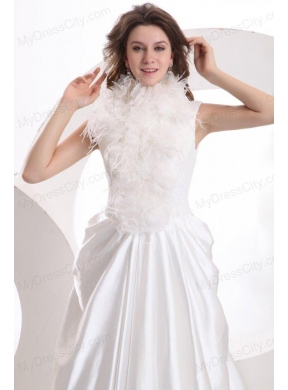 A-line High Neck Feather Court Train Taffeta Wedding Dress