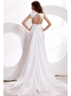 A-line High Neck Feather Court Train Taffeta Wedding Dress