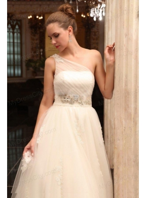 A-Line One Shoulder Chapel Train Appliques Tulle Wedding Dress with Side Zipper