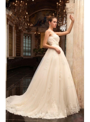 A-Line One Shoulder Chapel Train Appliques Tulle Wedding Dress with Side Zipper