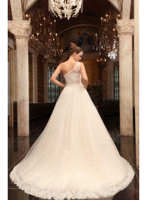 A-Line One Shoulder Chapel Train Appliques Tulle Wedding Dress with Side Zipper