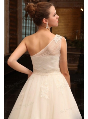 A-Line One Shoulder Chapel Train Appliques Tulle Wedding Dress with Side Zipper