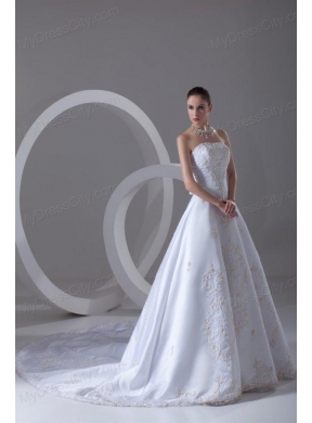 A-line Strapless Appliques Cathedral Train Satin Wedding Dress