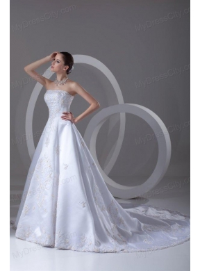 A-line Strapless Appliques Cathedral Train Satin Wedding Dress