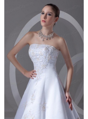 A-line Strapless Appliques Cathedral Train Satin Wedding Dress