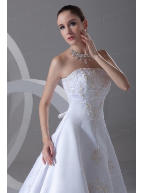 A-line Strapless Appliques Cathedral Train Satin Wedding Dress