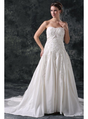 A-Line Strapless Beading Lace Up Taffeta Wedding Dress