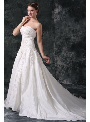 A-Line Strapless Beading Lace Up Taffeta Wedding Dress