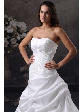 A-Line Strapless Court Train Appliques Taffeta Wedding Dress