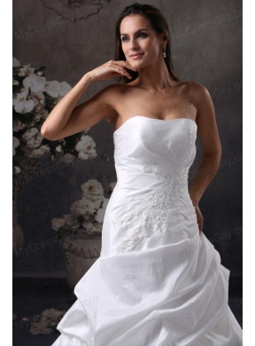 A-Line Strapless Court Train Appliques Taffeta Wedding Dress