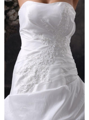 A-Line Strapless Court Train Appliques Taffeta Wedding Dress