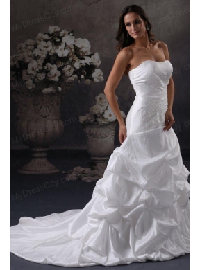 A-Line Strapless Court Train Appliques Taffeta Wedding Dress