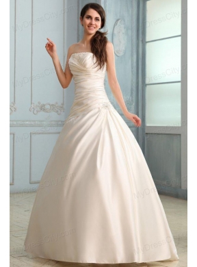 A-Line Strapless Floor-length Beading Lace Up Wedding Dress in Champagne