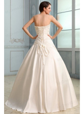 A-Line Strapless Floor-length Beading Lace Up Wedding Dress in Champagne