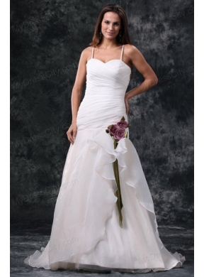 A-Line Straps Brush Train Ruching Organza Wedding Dress with Side Zipper