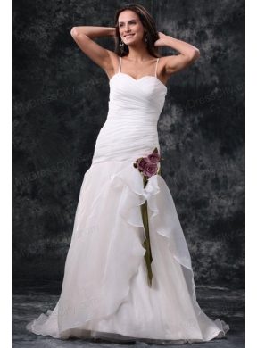 A-Line Straps Brush Train Ruching Organza Wedding Dress with Side Zipper