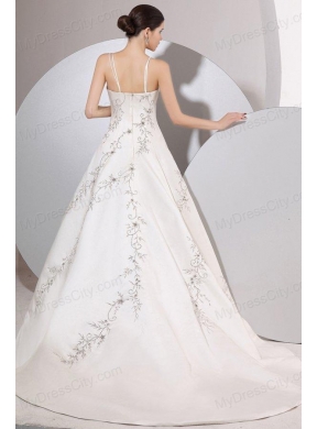 A-Line Straps Embroidery Satin Wedding Dress with Zipper-up