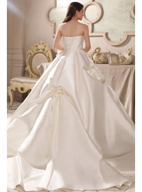 A-line Sweetheart Beading Bow Ruching Chapel Train Wedding Dress