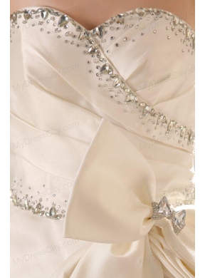 A-line Sweetheart Beading Bow Ruching Chapel Train Wedding Dress