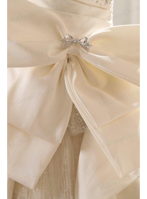 A-line Sweetheart Beading Bow Ruching Chapel Train Wedding Dress