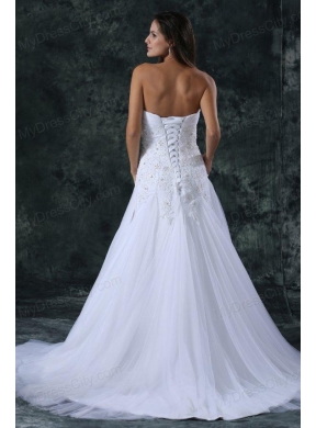 A-Line Sweetheart Beading Tulle Wedding Dress with Court Train