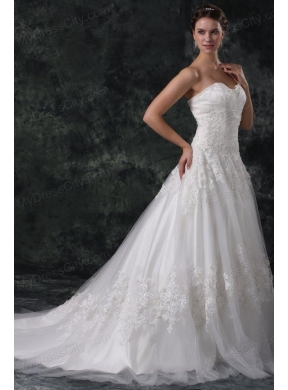 A-Line Sweetheart Court Train Appliques Lace Up Tulle Wedding Dress