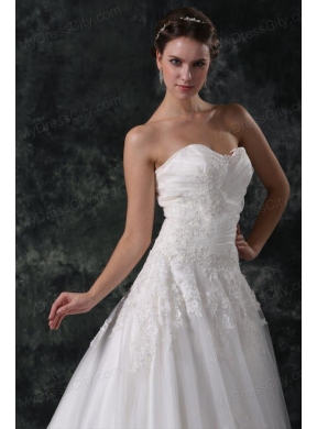 A-Line Sweetheart Court Train Appliques Lace Up Tulle Wedding Dress