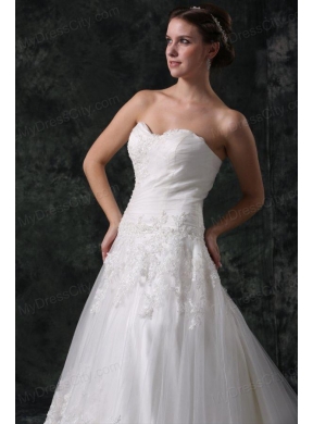 A-Line Sweetheart Court Train Appliques Lace Up Tulle Wedding Dress