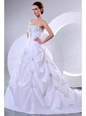 A-Line Sweetheart Court Train Beading Taffeta Wedding Dress with Lace Up