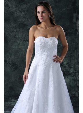 A-Line Sweetheart Court Train Lace and Appliques Organza Wedding Dress